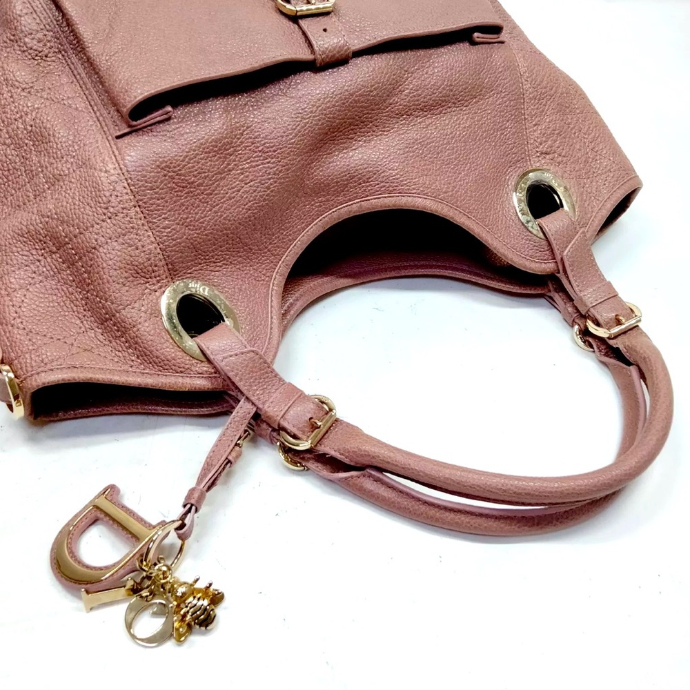 Auth Christian Dior Cannage Quilted Metallic Mauve Pink Leather Bee Hobo Tote - Picture 2 of 15